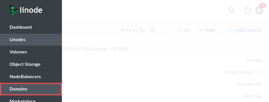 Screenshot of the Linode manager that highlights how you can access the domains section.