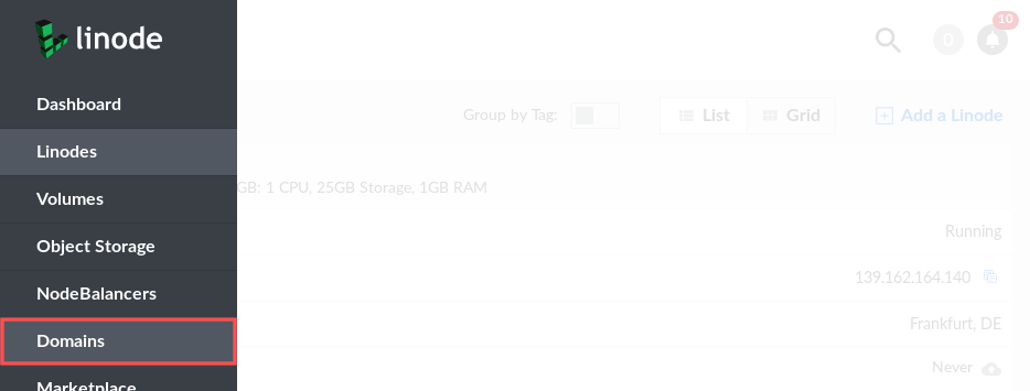 Screenshot of the Linode manager that highlights how you can access the domains section. 