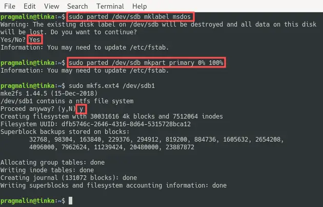 Terminal screenshot that shows the commands for partitioning the USB drive such that it has one large EXT4 partition.
