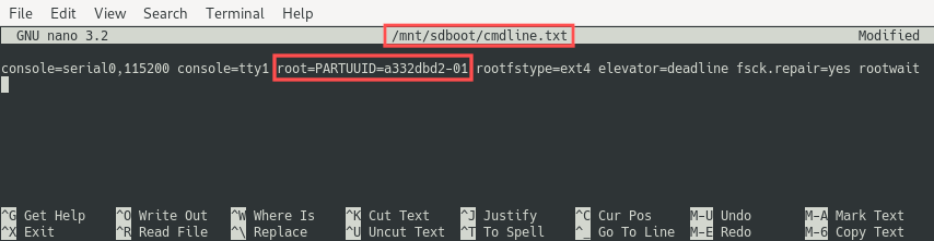 Screenshot of editing the cmdline.txt file in Nano to change the PARTUUID of the root file system. It is set to the PARTUUID of the USB drive partition that now holds the root file system of the Raspberry PI.