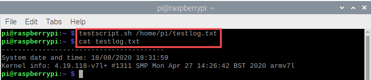 Terminal screenshot that shows you how to run the test script as a non-root user. In this case the pi user runs it. Note that you need to specify the log-file location as a parameter to the script, because the log-file location needs to be writable by the user.