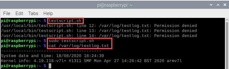 Terminal screenshot that shows how you run the test shell script. It also highlights that you need to run it with sudo for root privileges.