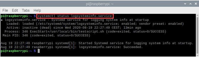 Terminal screenshot showing the output of the systemctl status logsysteminfo.service commande. It can be used to verify that the Systemd service ran and was enabled.