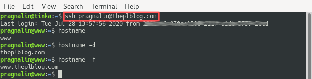 Terminal screenshot that shows how to connect via SSH to the Linode VPS server using the newly configured domain name. Then it runs the hostname command three times while specifying different options to demonstrate that the hostname, FQDN and domain name were correctly configured for the Linode VPS server.