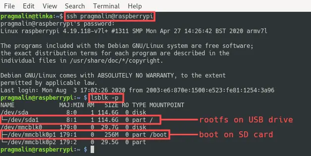 Terminal screenshot of connecting via SSH to the Raspberry PI. It also shows the output of the lsblk command to verify that the root filie system is in fact on the USB drive and no longer on the SD card.