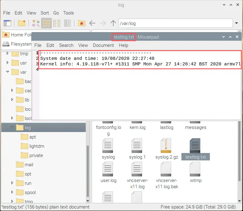 Screenshot of both the file manager that shows the /var/log/testlog.txt file and the Mousepad text editor with the testlog.txt file. It proofs that the script was executed by Systemd during startup of the Raspberry PI.