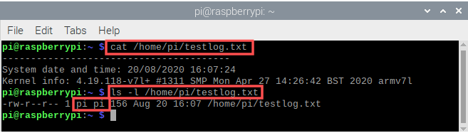 Terminal screenshot that proves that the Systemd service executed the script as the pi user during the Raspberry PI startup.
