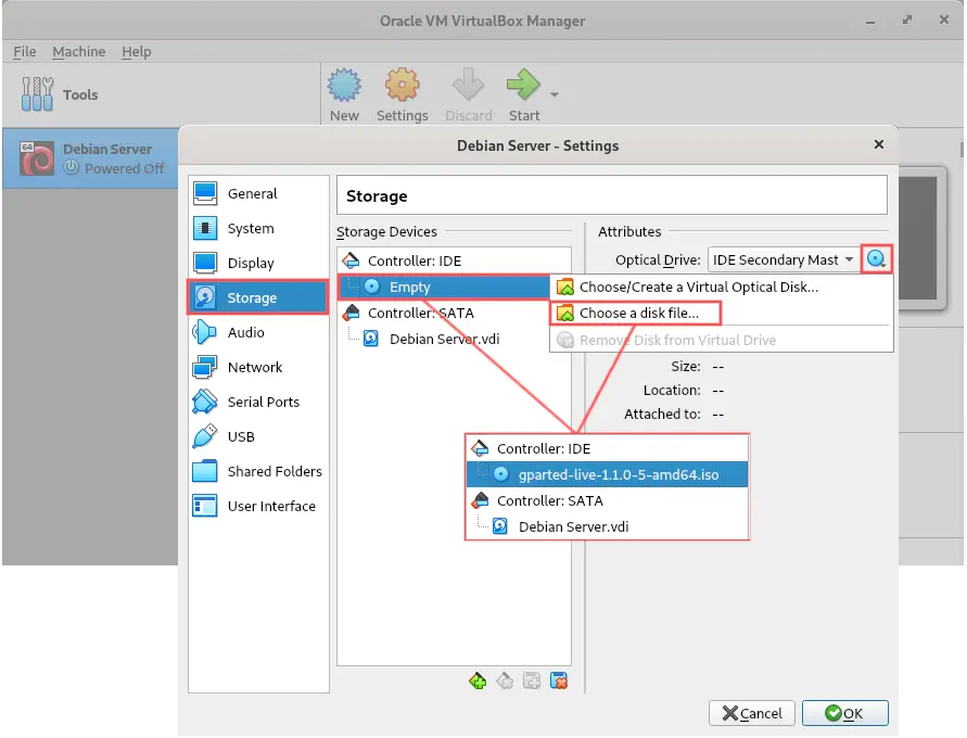 Screenshot of the virtual machine settings in VirtualBox. Specifically the section with the storage. It illustrates how to attach the GParted Live ISO to the virtual optical drive.