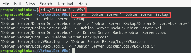 Terminal screenshot that shows the command for creating a backup of a VirtualBox virtual machine.