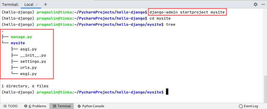 PyCharm terminal window screenshot that shows the command for creating a new Django project with the help of the django-admin utility.