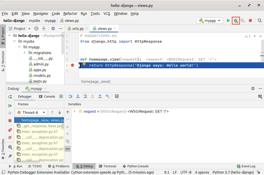 PyCharm screenshot showing an active debug session of a Django application. It highlights the toolbar button with the bug on it for starting the debug session. It also shows how to set a breakpoint.