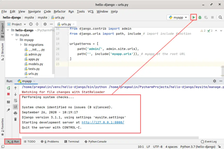 PyCharm screenshot that highlight how you can debug your Django application.