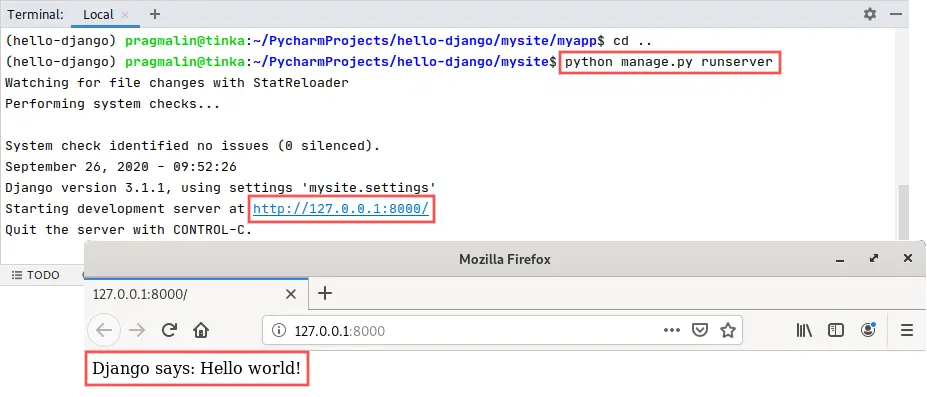 Screenshot of both the PyCharm terminal window and the web browser. It shows how the Django development server is started and the results of visiting the newly created homepage of your Django application.