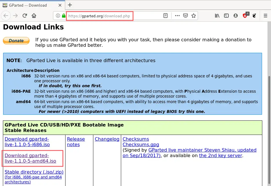 Web browser screenshot that shows you where to find the download link for the GParted Live ISO.