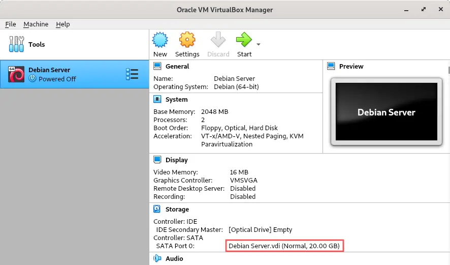 Screenshot of the VirtualBox main window with a virtual machine selected. It show you how to find the virtual disk image (VDI) name of the virtual machine.