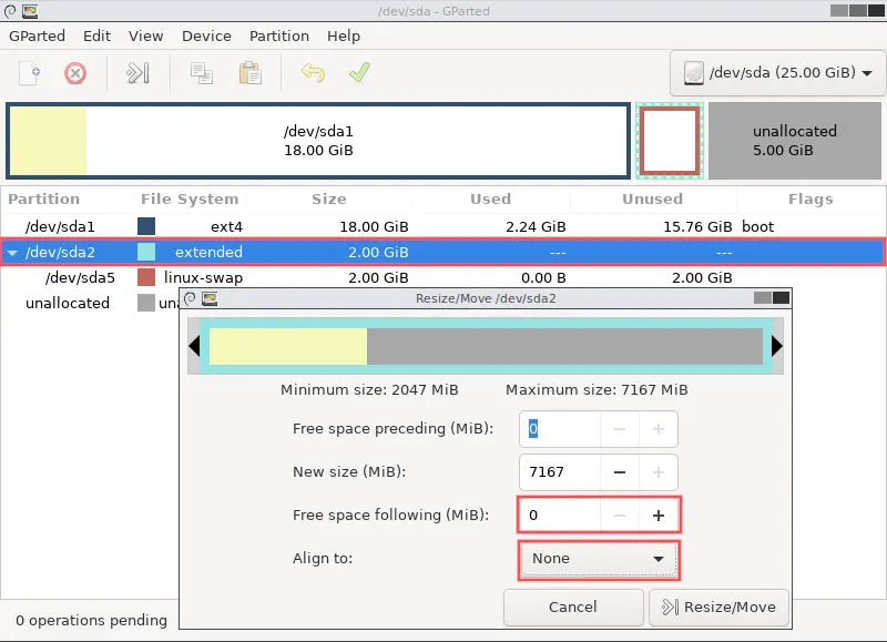 GParted screenshot that shows how to add the unallocated space to the extended partition.