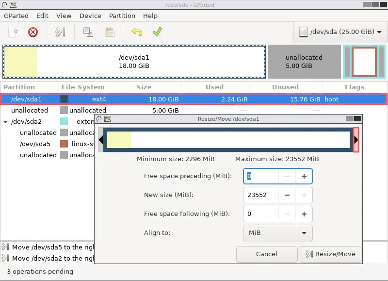 GParted screenshot that shows how to add the unallocated space to the root file system partition. This was the goal, because not the increased disk size of our VirtualBox virtual machine can actually be used by the root file system.