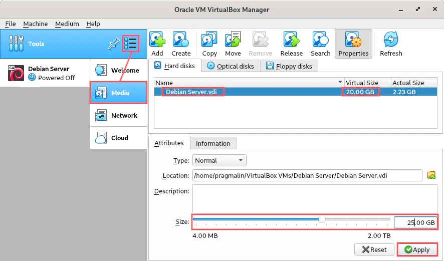 Screenshot of VirtualBox which lists the media, including hard disks of all virtual machine. It explain how you can increase the VDI disk size of the virtual machine.