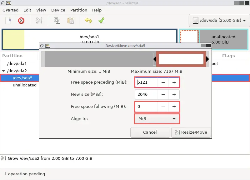 GParted screenshot that shows how to move the swap partition to the end of the extended partition.