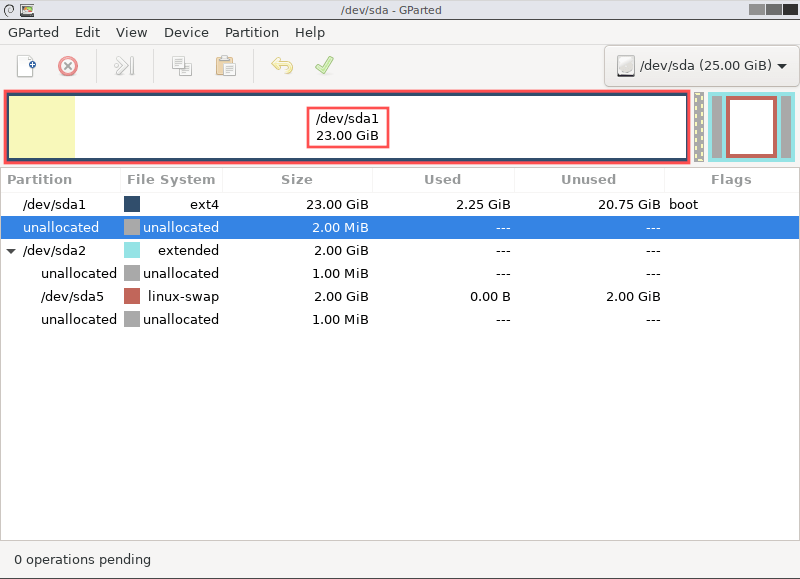 GParted screenshot that shows an overview of the changes that were made. These changes were needed to add the new disk space to the root file system partition. This way the VirtualBox virtual machine can actually use the new disk size after the increase operation.