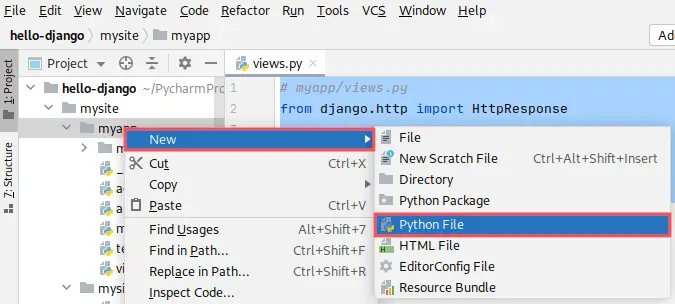 PyCharm screenshot that show how to create a new Python file in the Django application. In this case it is the urls.py file.