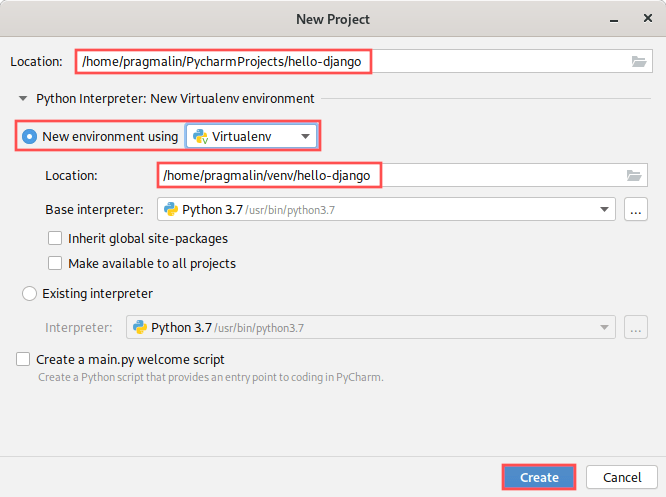 Screenshot of the PyCharm new project dialog that highlights how to create a new project which includes the creation of a virtual environment.