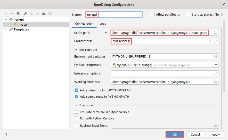 PyCharm screenshot of the new run configuration dialog. A run configuration makes is possible in PyCharm to conveniently run and debug your Django application.