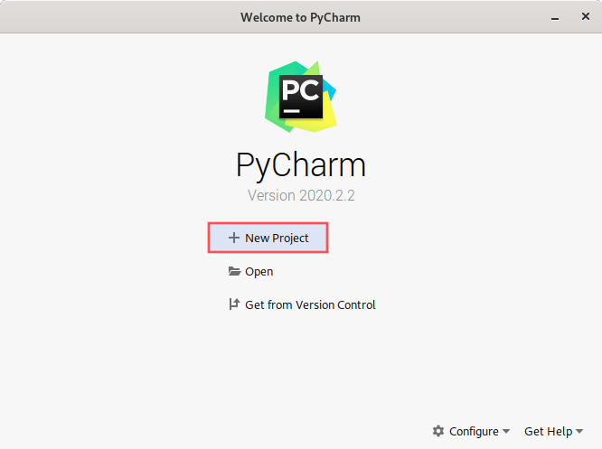 PyCharm screenshot of the startup dialog. It highlight how to start a new project.