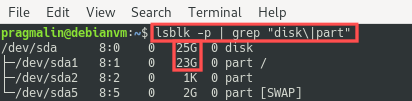 Terminal screenshot that shows the command output of lsblk. It lists both the disk and partitions of the virtual machine. It shows that the disk size increased as well as the size of the root file system partition.