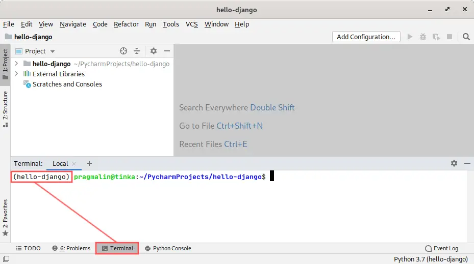 Screenshot that highlights the terminal window in PyCharm. It shows you how you can verify that the virtual environment got created and automatically activated.