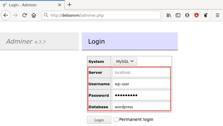 Browser screenshot that shows how to login to the Adminer page.