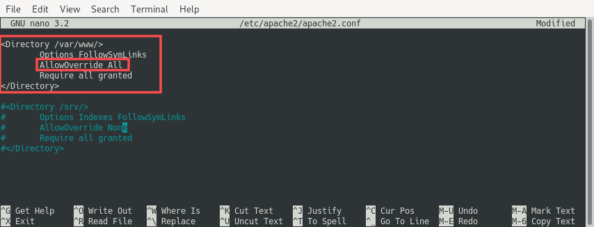 Screenshot of editing apache2.conf with nano to set AllowOverride All. This make it possible to add rewrite rules in a .htaccess file.