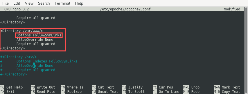 Screenshot of editing apache2.conf from the terminal with Nano. It specifically shows how to remove Indexes from the /var/www/ directory options to disable directory browsing.