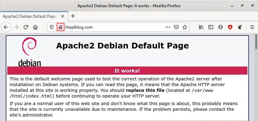 Web browser screenshot that shows the default Apache welcome page after installing a LAMP stack. It highlights that the website is not yet secured with an SSL certificate.