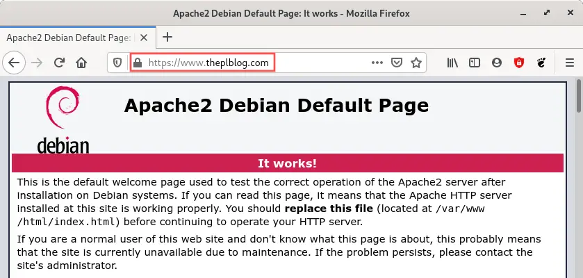 Web browser screenshot of visiting the website after installing the Let's Encrypt SSL certificate on the Debian web server. As expected, it shows the lock icon in the URL address bar and HTTP requests are automatically redirected to HTTPS.