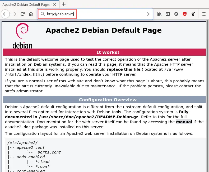 Browser screenshot of serving up the Apache2 debian default page. If it shows up then it proofs that the Apache HTTP server is running and that the firewall was configured properly to allow access on ports 80 and 443.