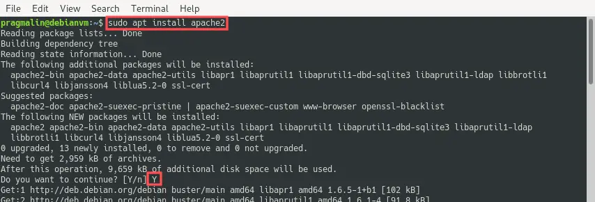 Terminal screenshot that illustrates how to install the Apache HTTP server in Debian 10, which is the first component of the LAMP stack.
