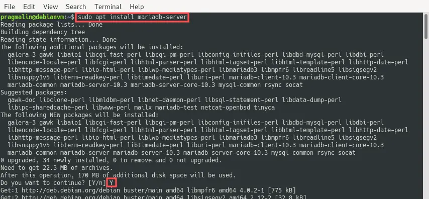 Terminal screenshot that shows the apt command to install MariaDB, which is the last LAMP stack component for your Debian 10 server. Note that MariaDB is basically a community developed open source replacement for MySQL. It is also fully compatible with MySQL.