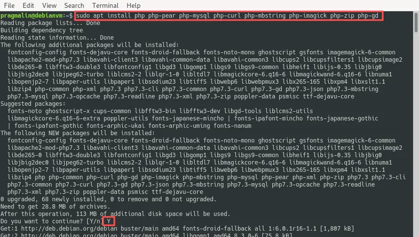 Terminal screenshot of running apt to install PHP on the Debian 10 "buster" server, which is another component of the LAMP stack.