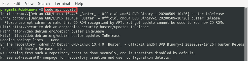 Terminal screenshot after running sudo apt update for the first time. It reports an error because the installation DVD is no longer present.