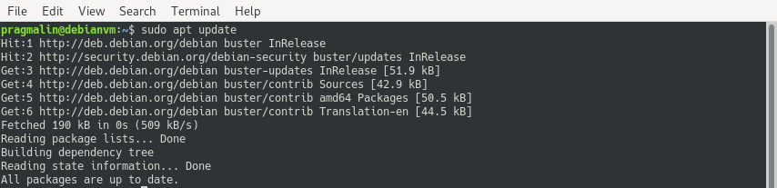 Terminal screenshot showing the output of command sudo apt update. This time the command was issued after correctly configuring /etc/apt/source.list and consequently no more errors are reported.