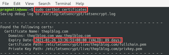 Terminal screenshot that shows how you can check when the Let's Encrypt SSL certificate expires on your Debian server. The command certbot certificates was issues for this.