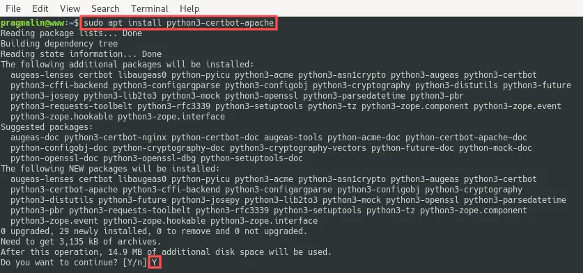 Terminal screenshot that shows the output of installing the python3-certbot-apache package. This install the certbot tools on the Debian server, which is needed for generating the Let's Encrypt SSL certificate.