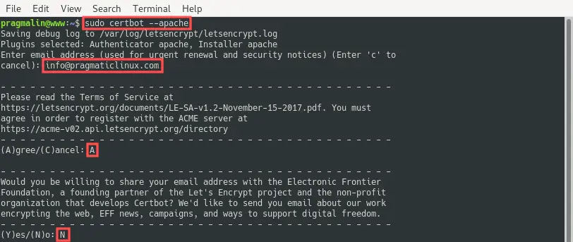 Terminal screenshot with part 1 of the Let's Encrypt SSL certificate generation for the Debian server using command sudo certbot --apache