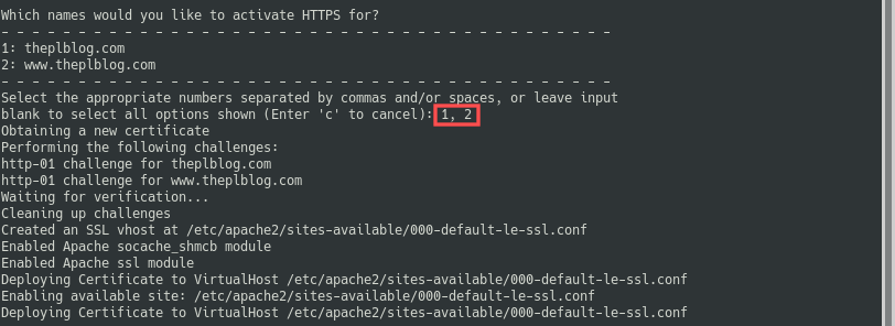 Terminal screenshot with part 2 of the Let's Encrypt SSL certificate generation using command sudo certbot --apache