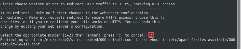 Terminal screenshot with part 3 of the Let's Encrypt SSL certificate generation using command sudo certbot --apache