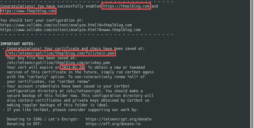 Terminal screenshot with the final part of the Let's Encrypt SSL certificate generation using command sudo certbot --apache