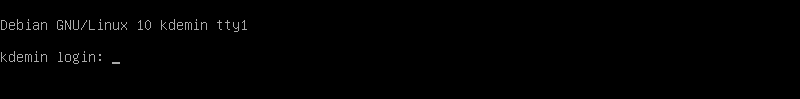 Screenshot of what Debian looks like after the first boot, when no graphical desktop environment is installed. It presents you with a terminal login prompt.