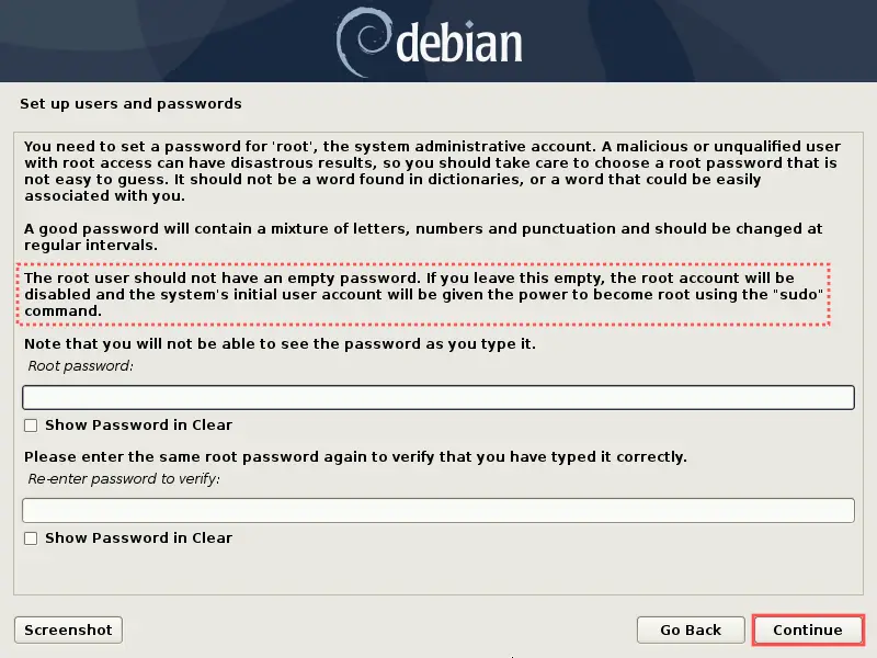 Screenshot of the Debian installer emphasizing that if you do not enter a root password, the root account will be disabled for you. Additionally, your newly created user will automatically be added to the sudo group. Highly recommended from a security perspective.