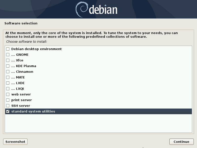 Screenshot of the software selection page in the Debian installer. It highlights that you should not select KDE Plasma, in order to install a minimal version of KDE in Debian. KDE itself will be installed manually instead, after the first boot.